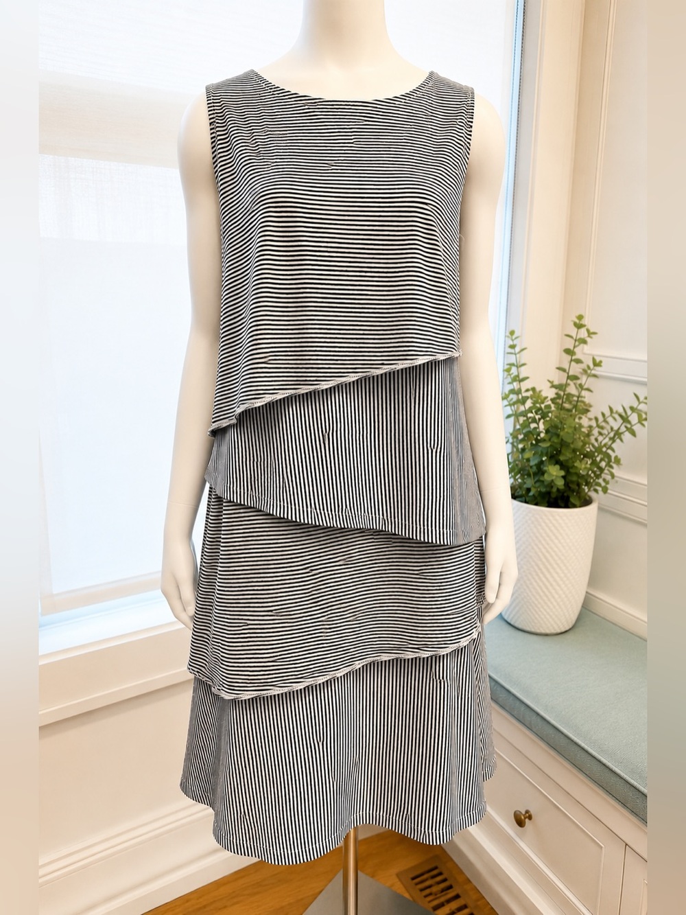Neon Buddha XL Black & White Striped Tiered Sleeveless Dress